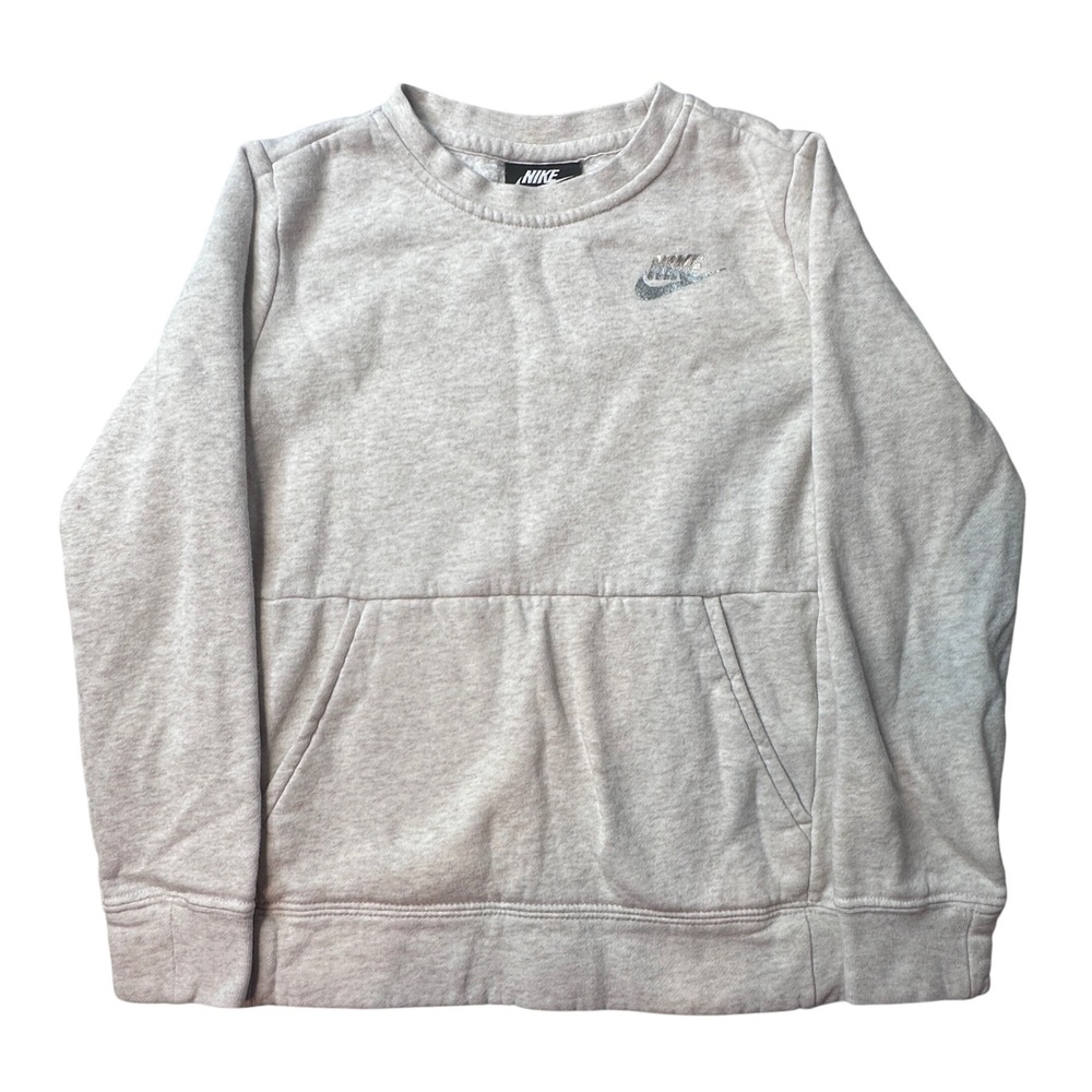 Nike Sweatshirt Kids Small BV3027-008 Oatmeal Heather Glitter Logo Crewneck